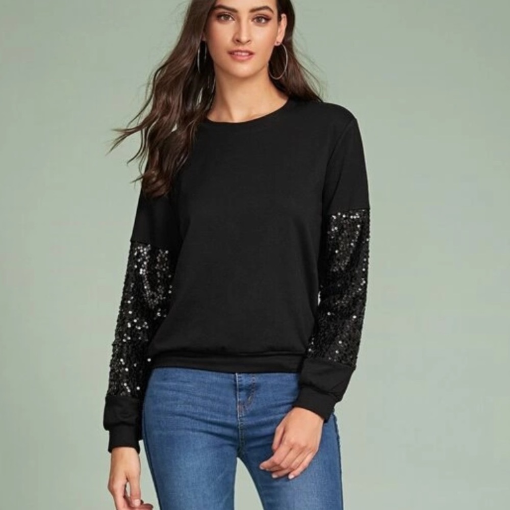 Contrast sequin sleeve pullover - black - Picture 2 of 6
